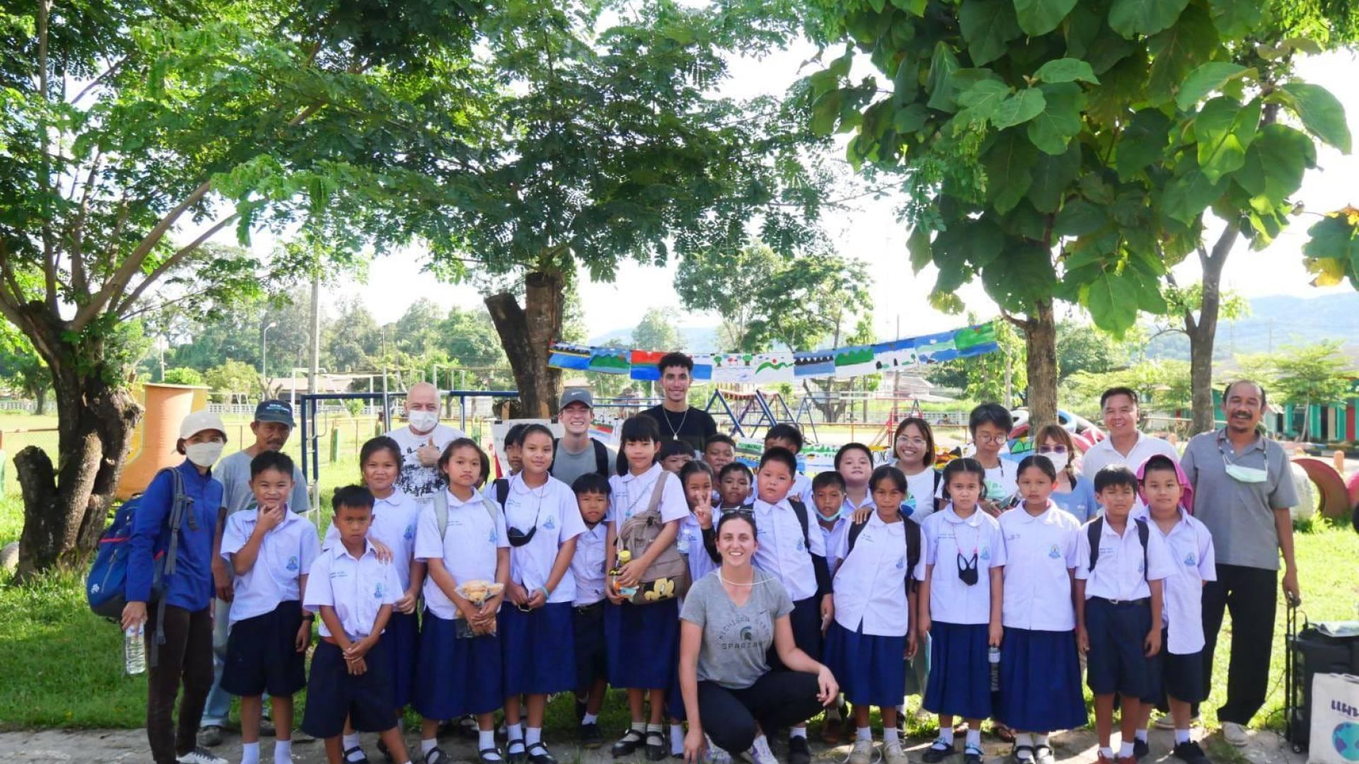 MSU Students with elementary school student participants in the Mekong Youth Program in Chiang Khong District, Chiang Rai